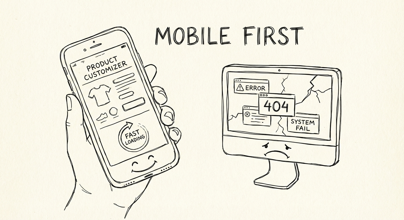 Mobile-first design concept showing a smartphone displaying a product customizer interface, highlighting the importance of mobile optimization for e-commerce apps