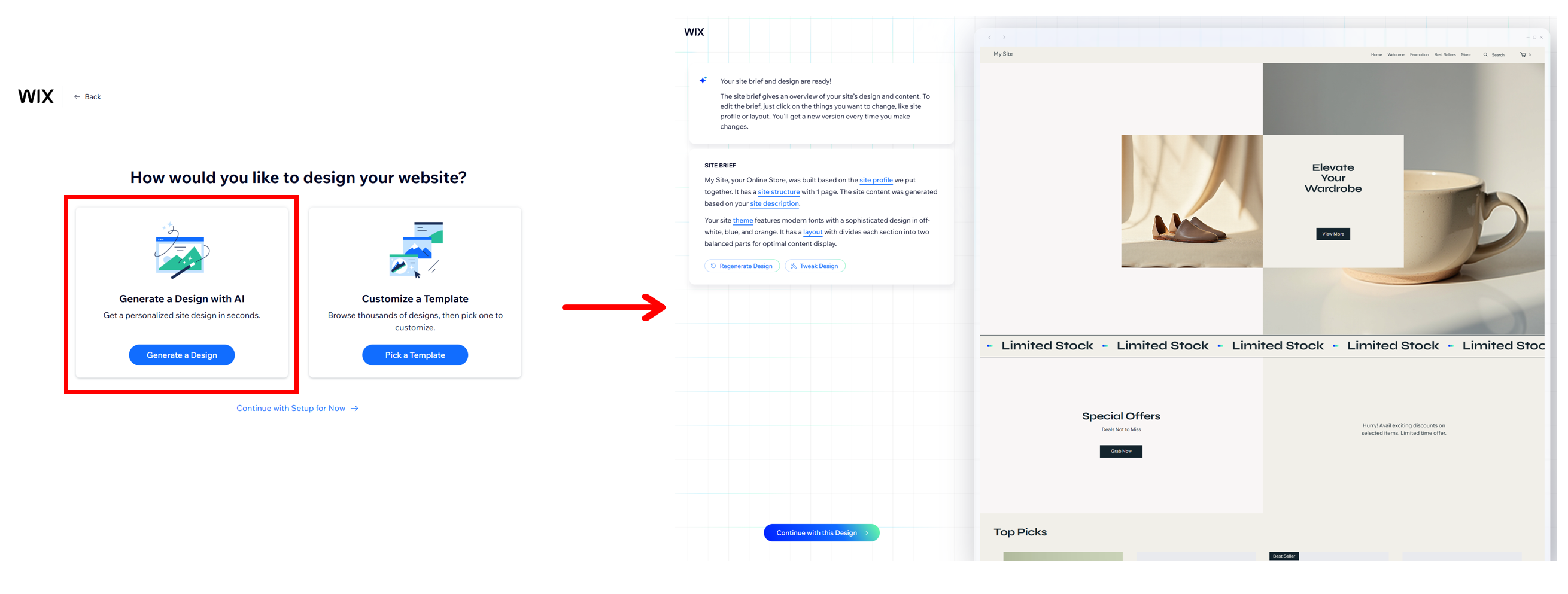 With Wix’s AI-powered site creation, users can quickly build a tailored website by entering basic store details, then further refine the design as needed.
