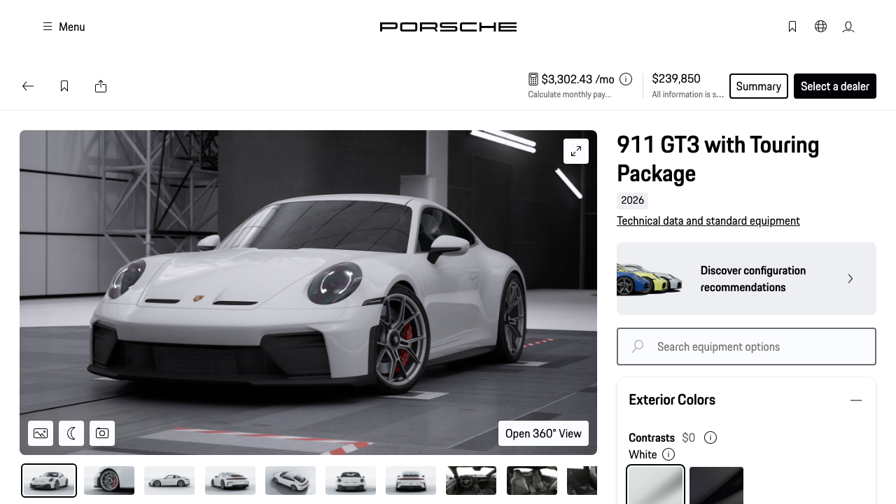 Porsche 911 GT3 Touring configurator — 46 pre-rendered images, zero WebGL. Fast by default, 3D optional.