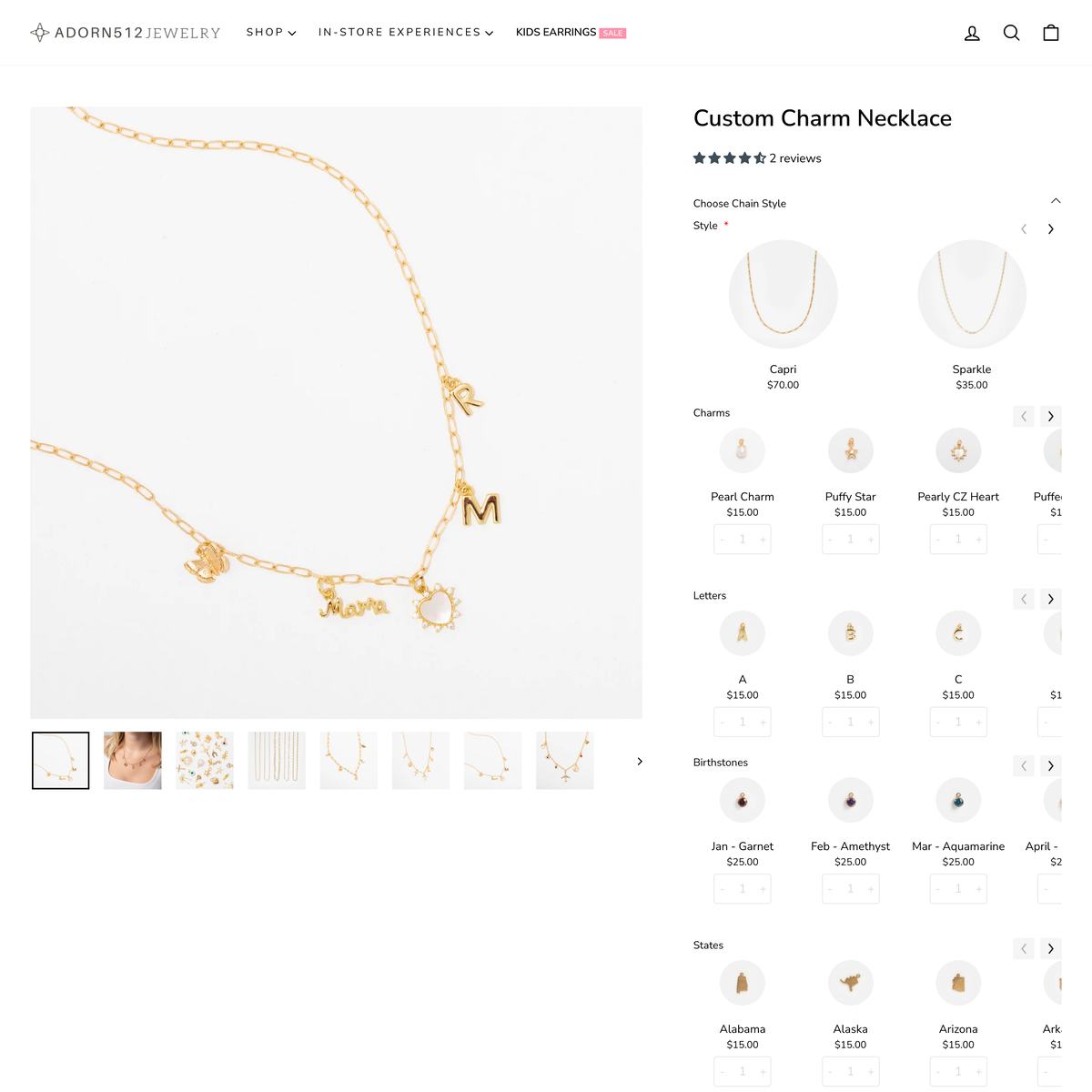 adorn512 Shopify store product customization example — jewelry with accessories and custom-built