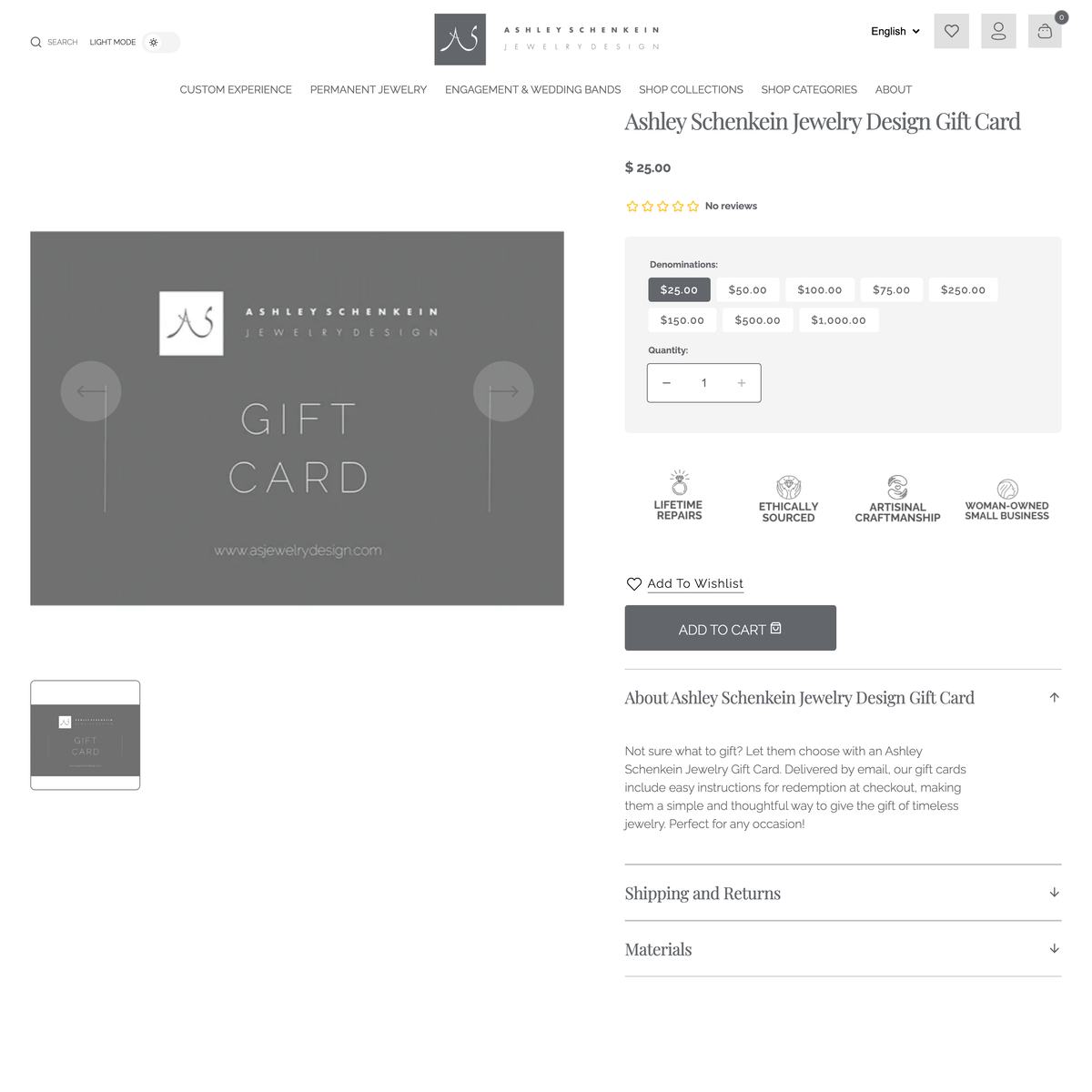Ashley Schenkein Jewelry Design Shopify store product customization example — gifts & occasions with accessories and jewelry