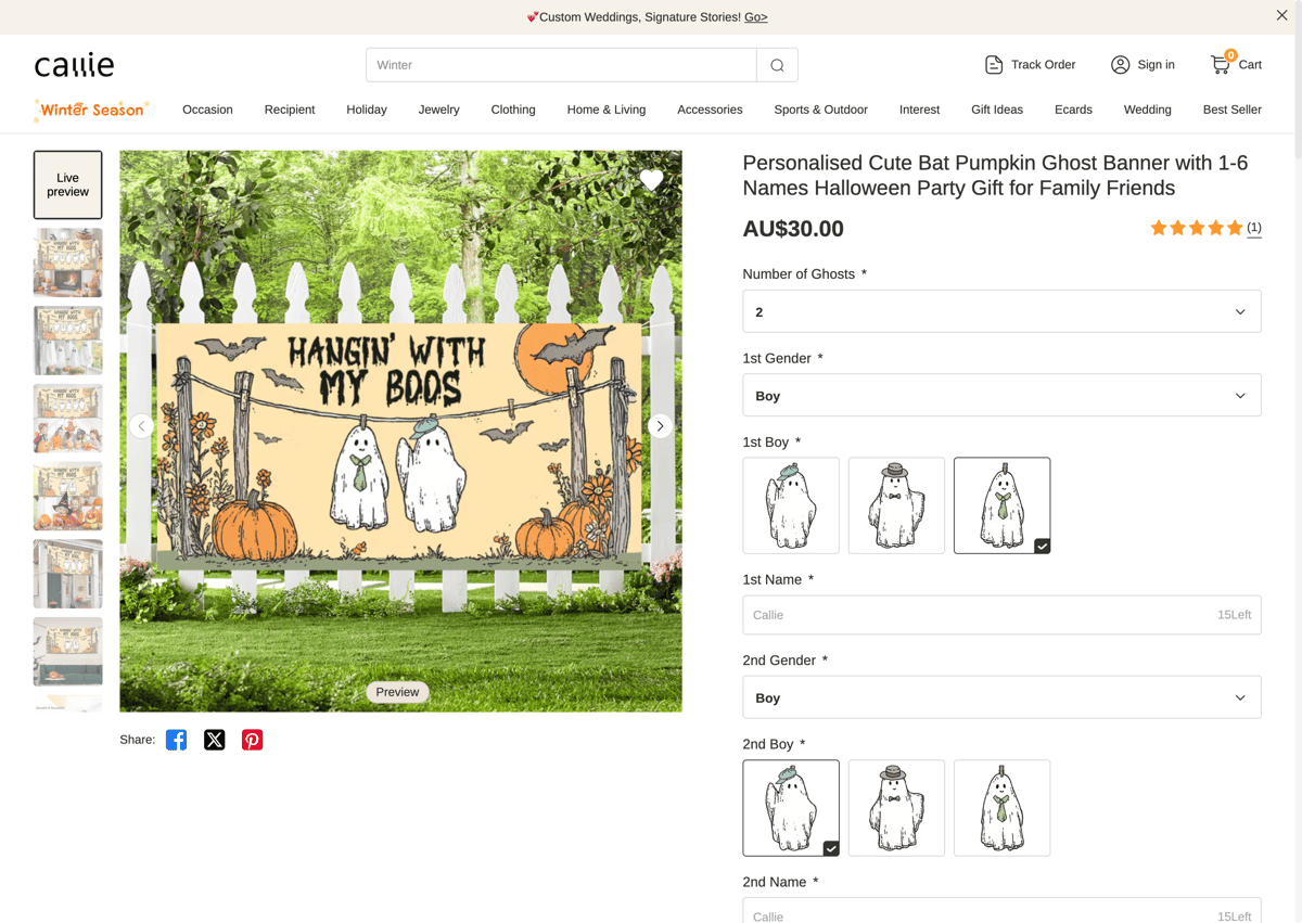 Callie Shopify store product customization example — gifts & occasions with custom-built and gifts