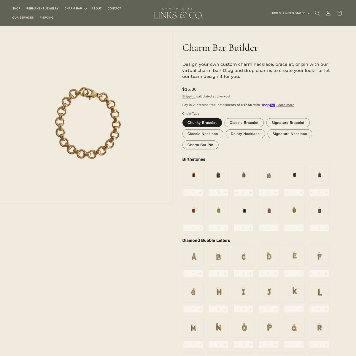 Charm City Links Shopify store product customization example — jewelry with accessories and custom-built