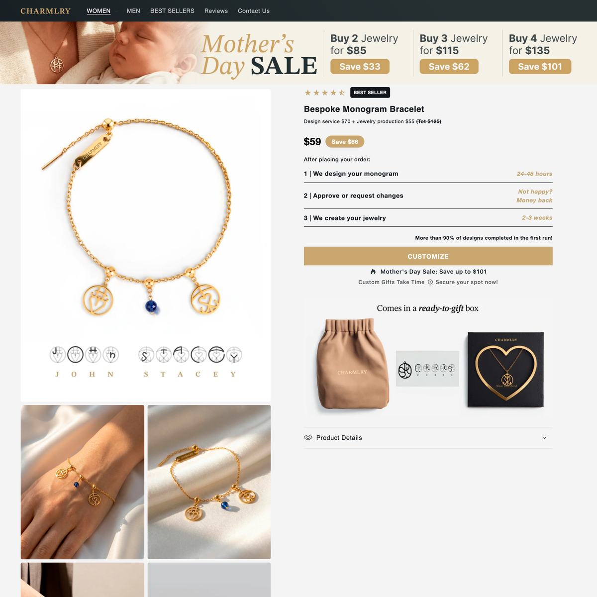 Charmlry Shopify store product customization example — jewelry with monogram
