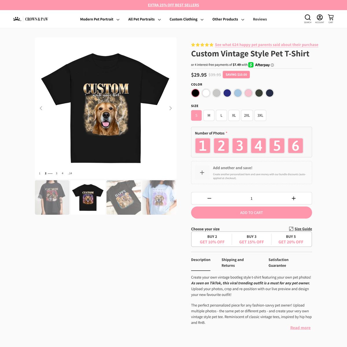 Crown & Paw Shopify store product customization example — pet with apparel and clothing
