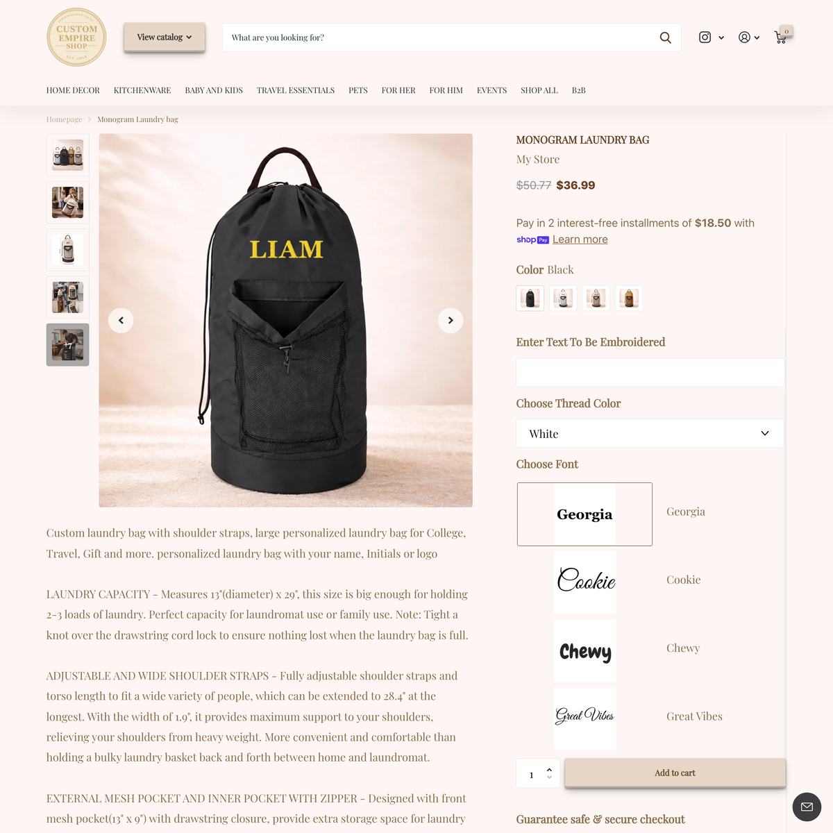 Custom Empire Shopify store product customization example — home decor with apparel and clothing
