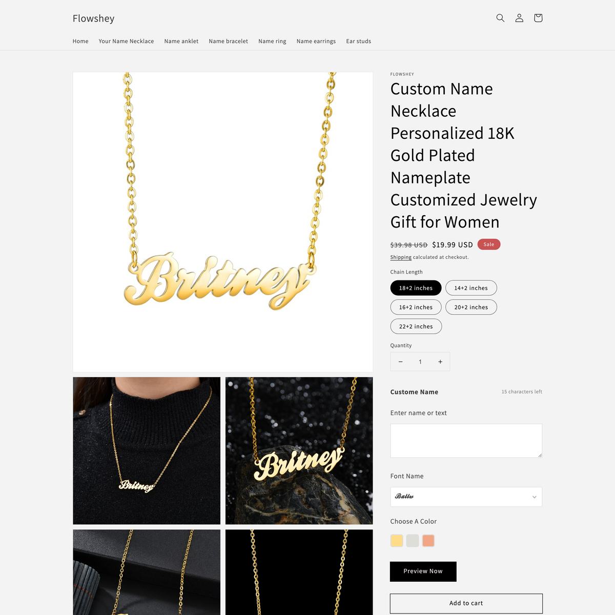 Flowshey Shopify store product customization example — jewelry with accessories and custom-size