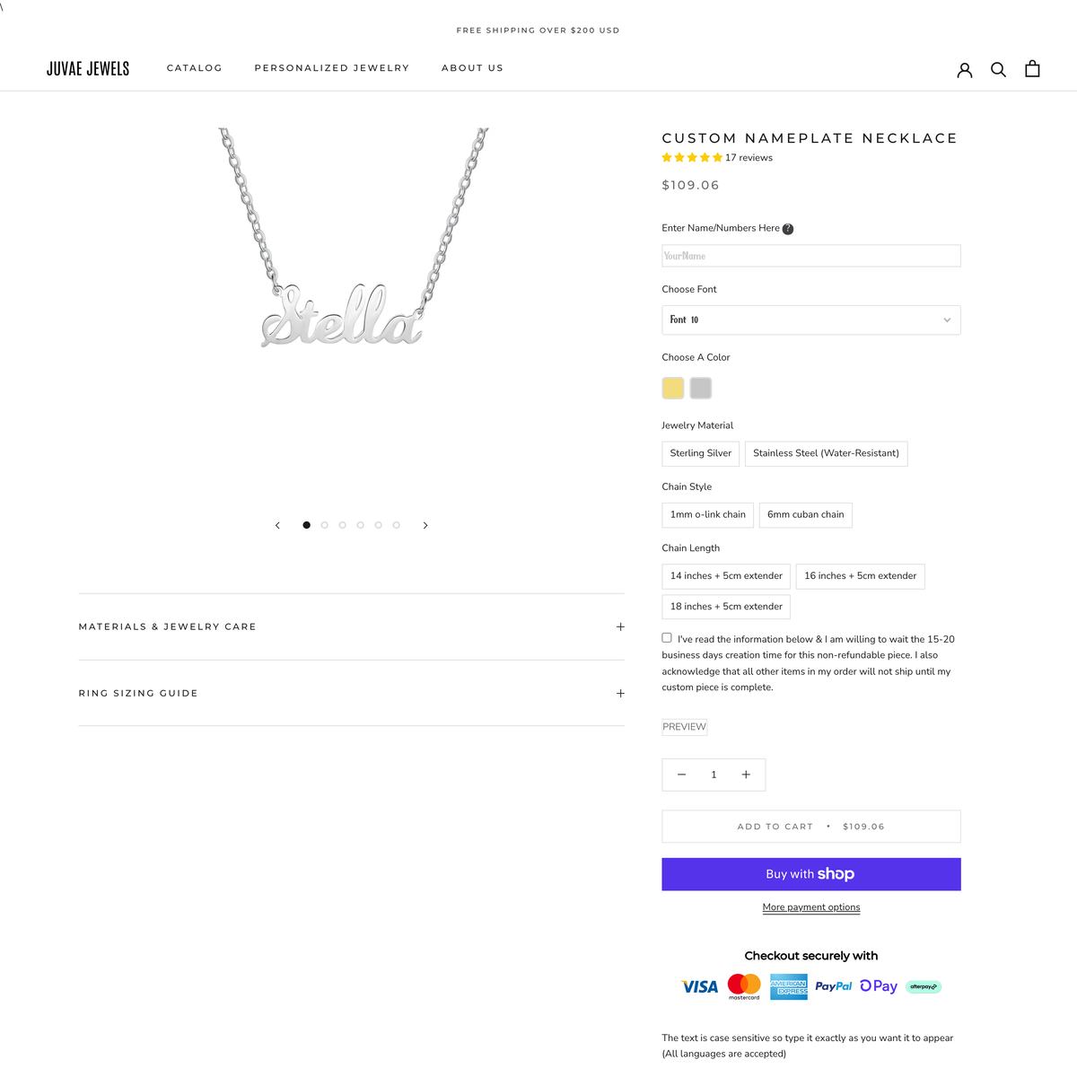 Juvae Jewels Shopify store product customization example — jewelry with accessories and custom-size