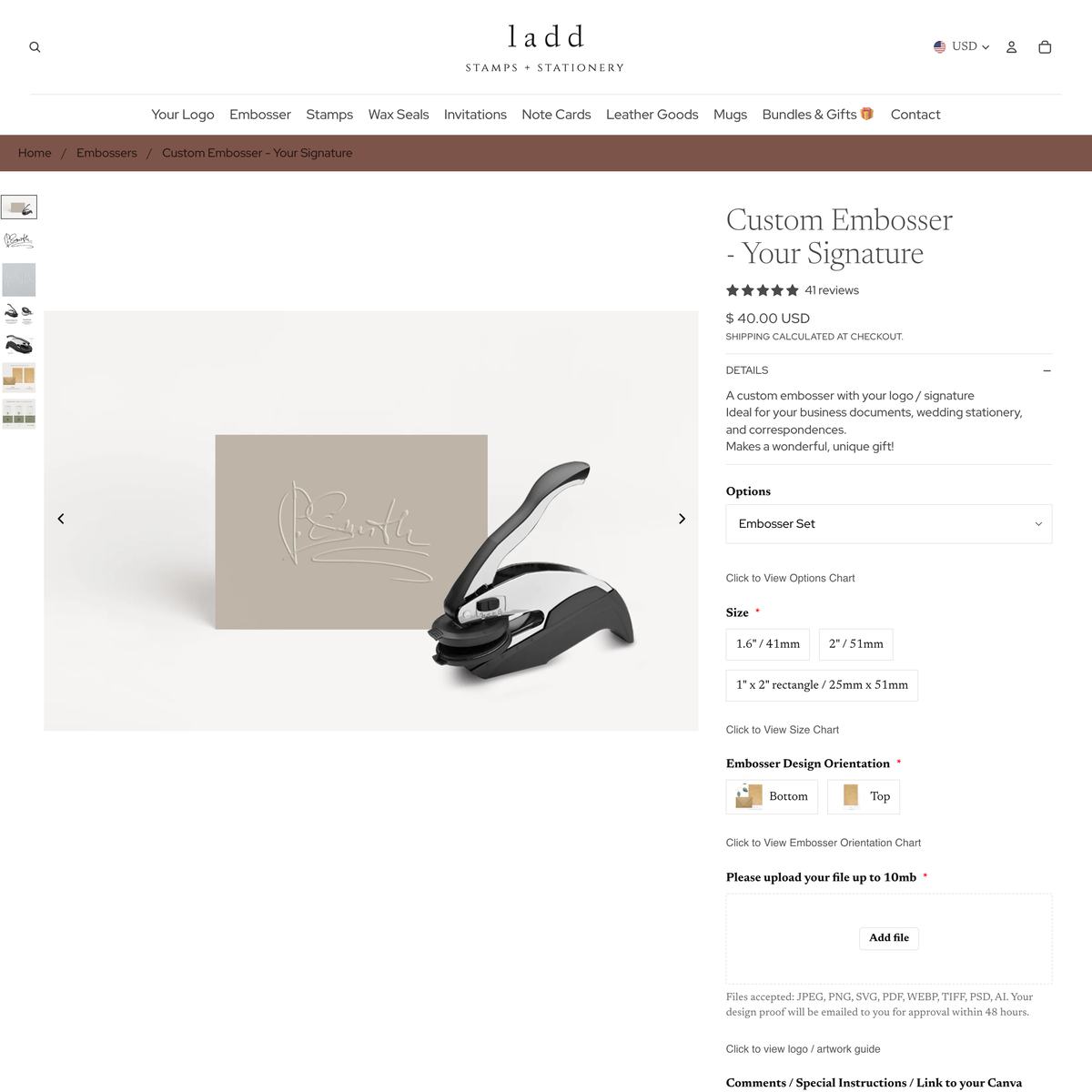 Ladd Stamps Shopify store product customization example — gifts & occasions with gifts and live-preview