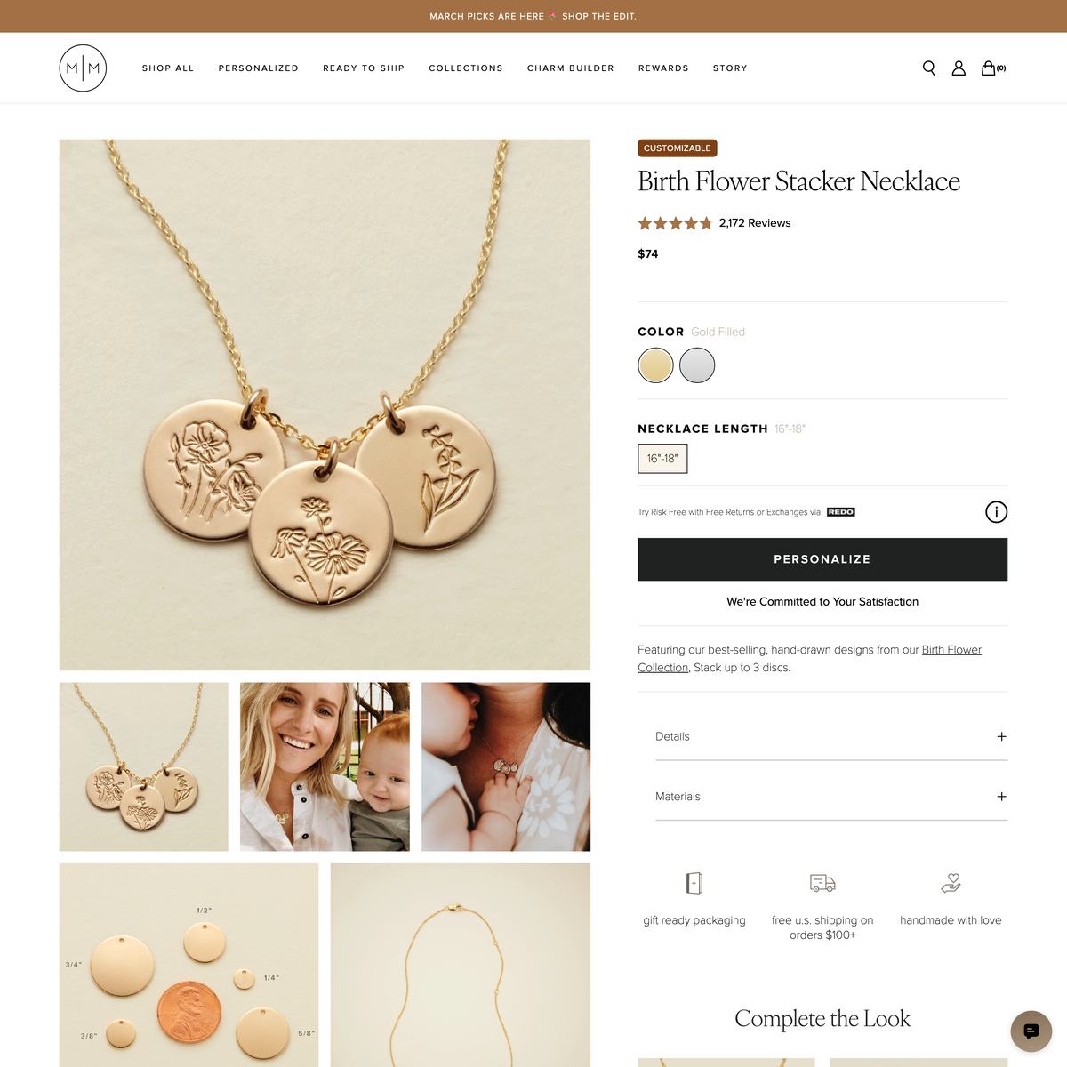 Made By Mary Shopify store product customization example — jewelry with accessories and color-custom