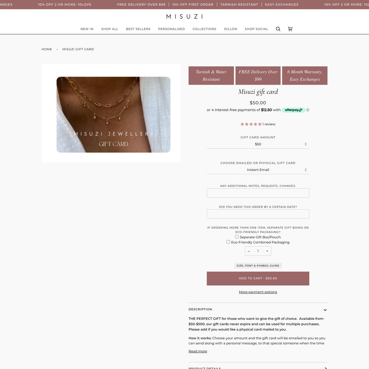 Misuzi Shopify store product customization example — gifts & occasions with accessories and custom-size