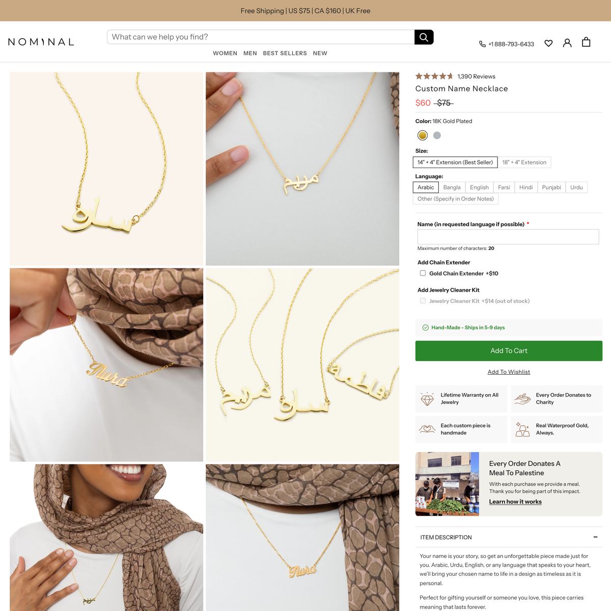 Nominal Shopify store product customization example — jewelry with accessories and custom-size