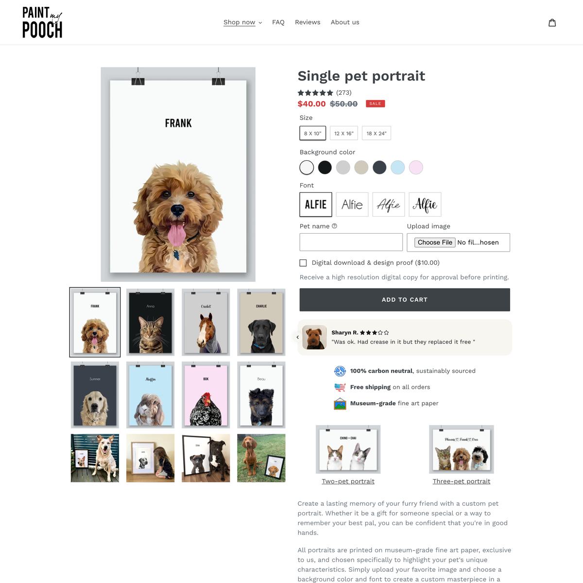 Paint My Pooch Shopify store product customization example — pet with color-custom and custom-print