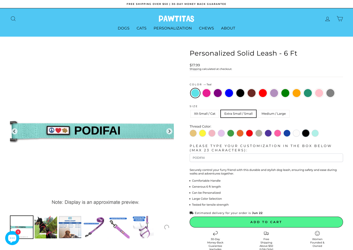 Pawtitas Shopify store product customization example — pet with personalized and pet