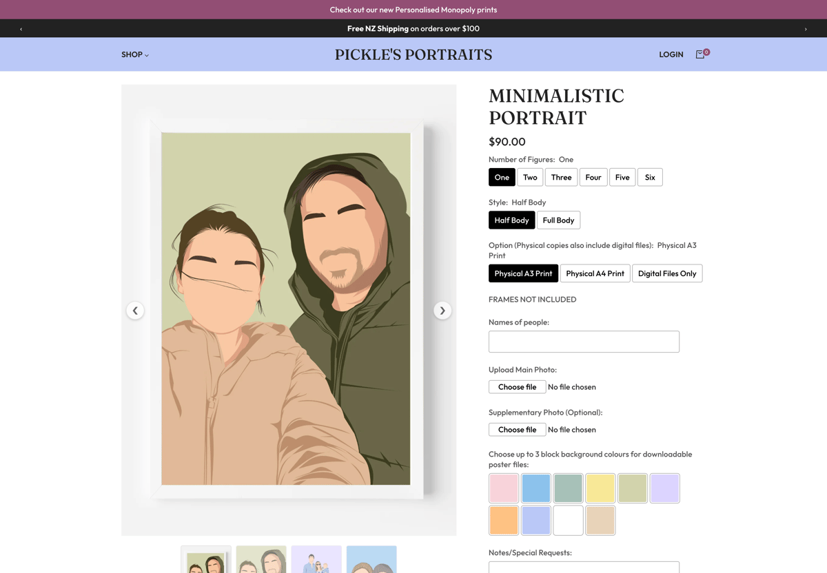 Pickle's Portraits Shopify store product customization example — pet with personalized and custom-print