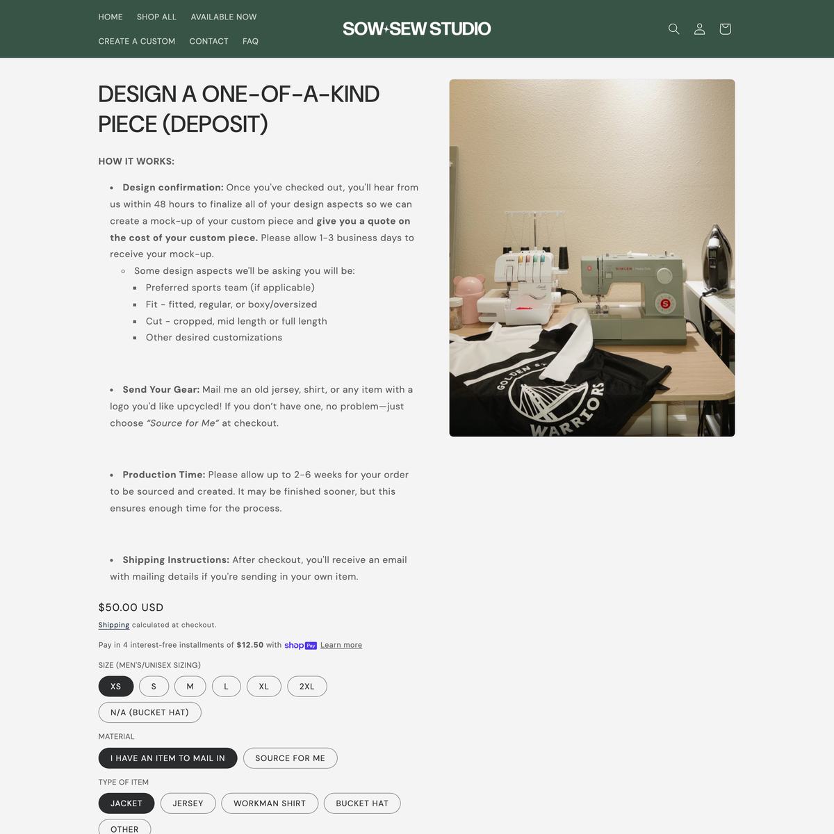 SOW/SEW STUDIO Shopify store product customization example — apparel with active and apparel