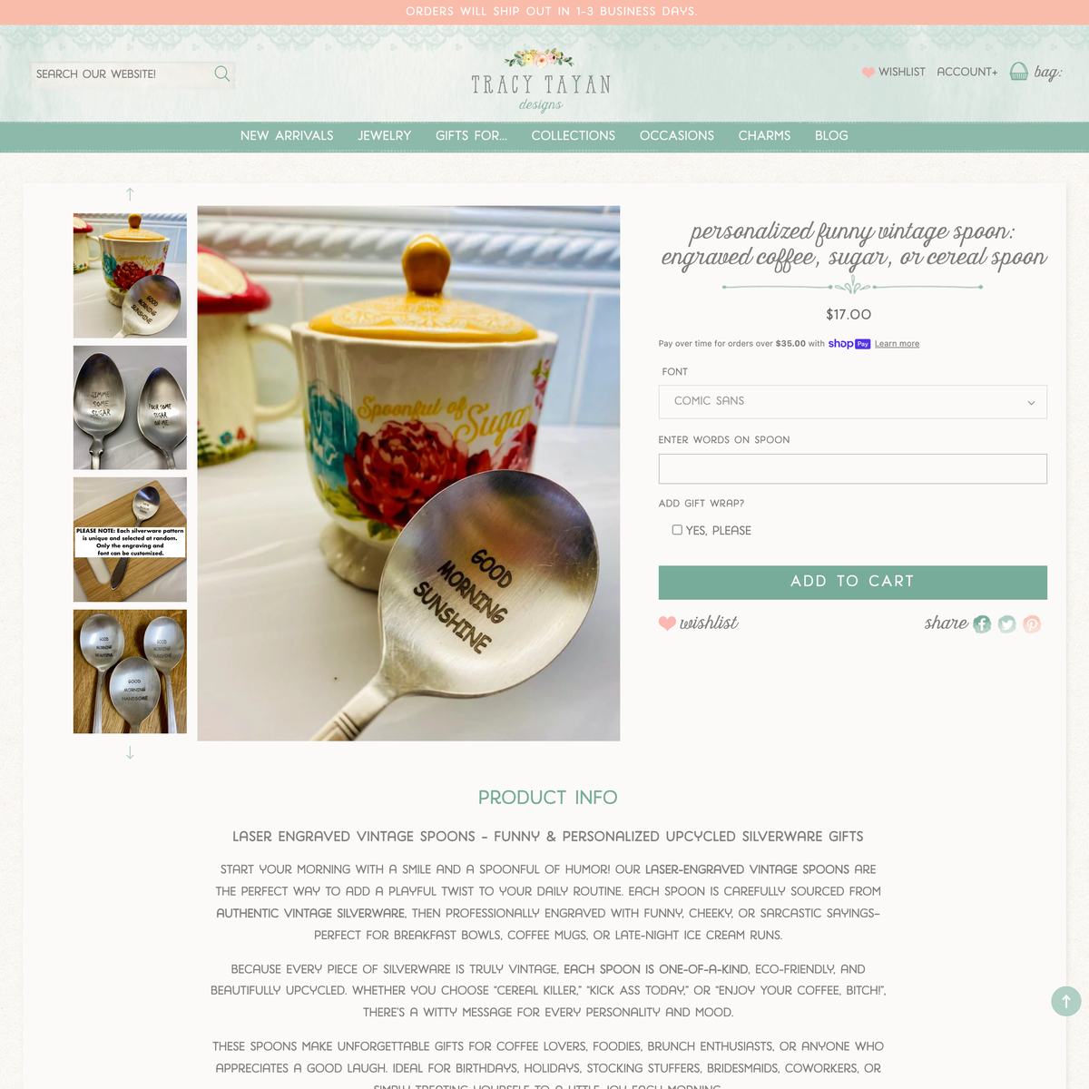 Tracy Tayan Design Shopify store product customization example — gifts & occasions with accessories and engraving