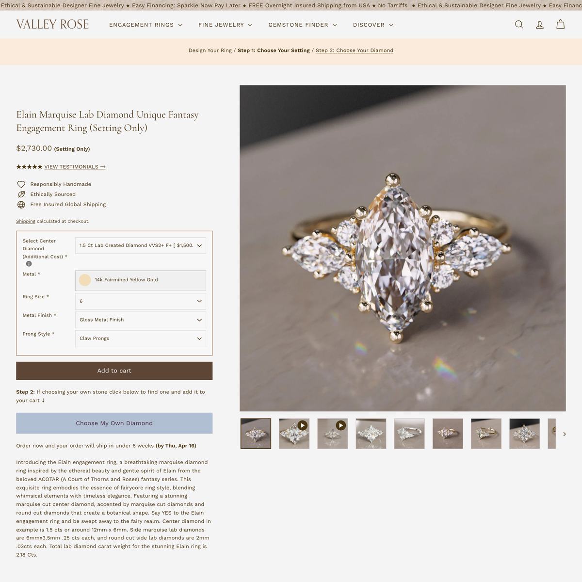 Valley Rose Shopify store product customization example — jewelry with accessories and custom-size
