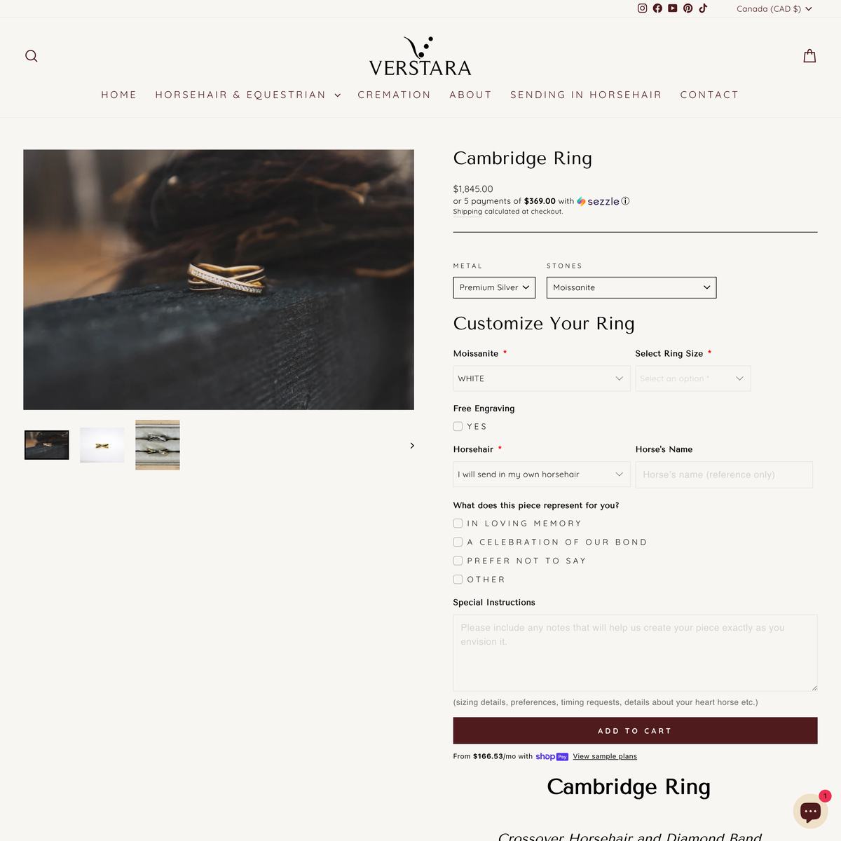Verstara Shopify store product customization example — jewelry with accessories and custom-built