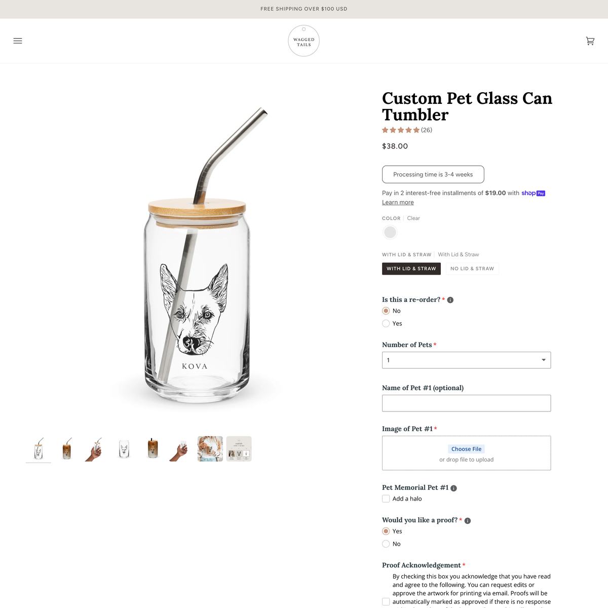 Wagged Tails Shopify store product customization example — pet with apparel and clothing