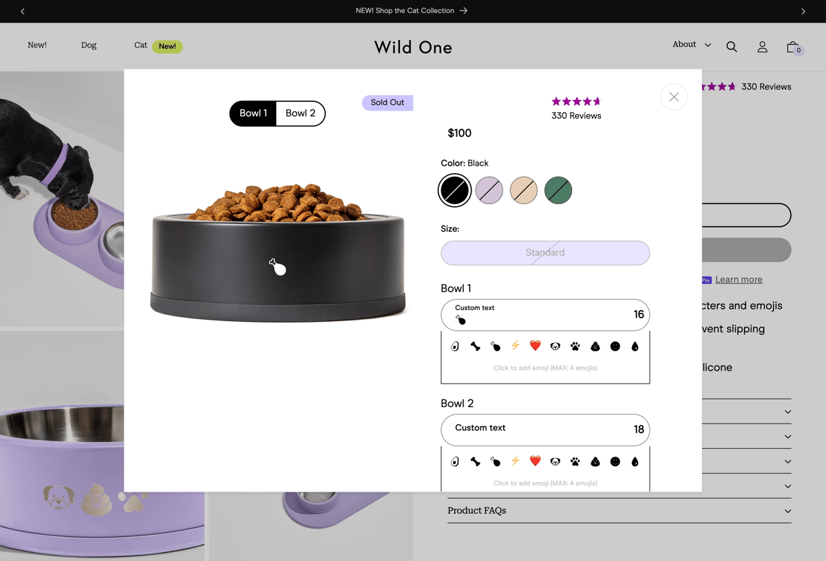 Wild One Shopify store product customization example — pet with personalized and pet