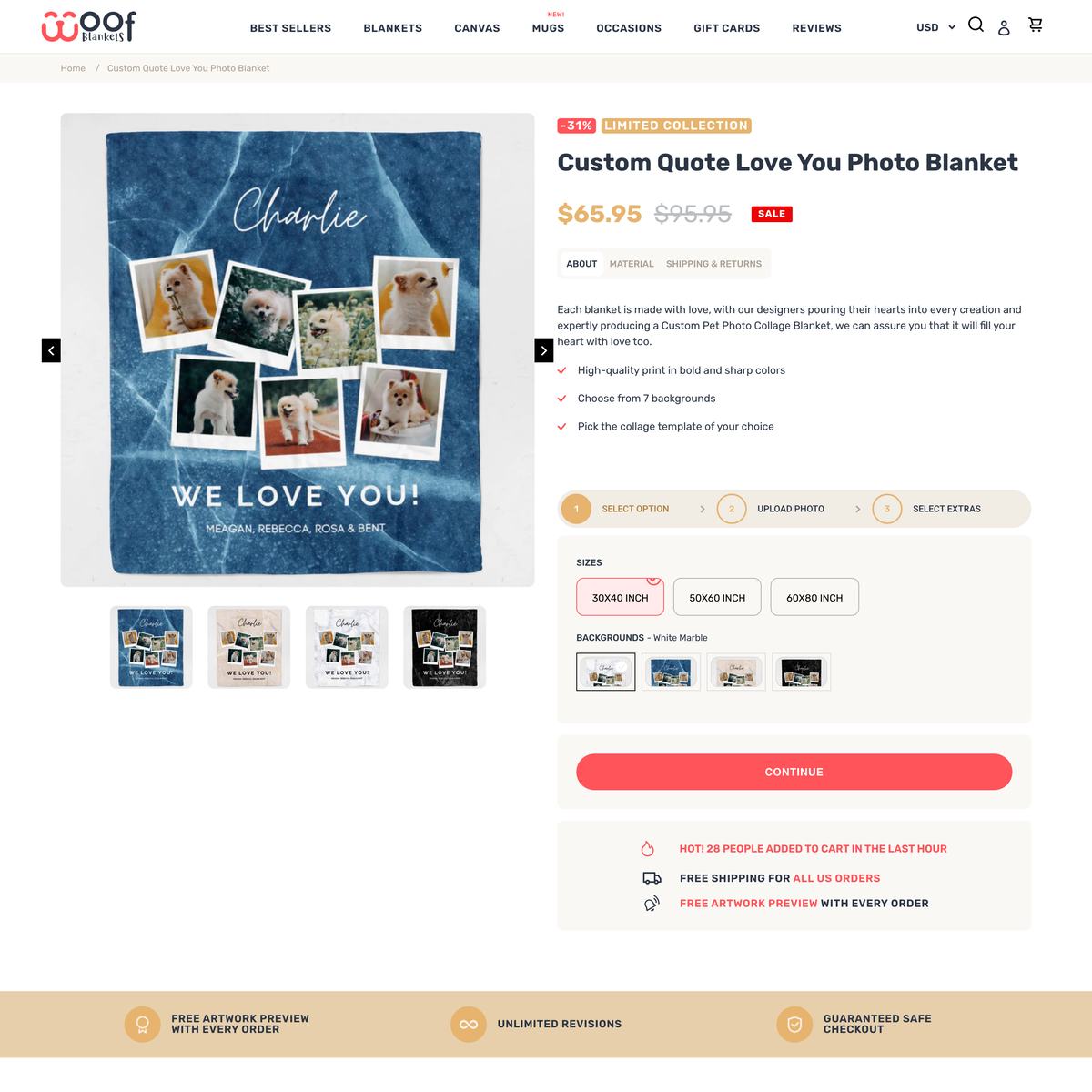 Woof Blankets Shopify store product customization example — home decor with custom-print and custom-size