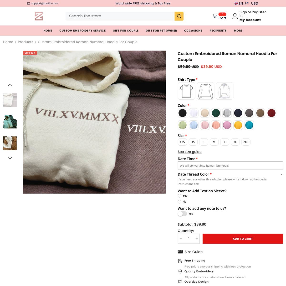 zaotify Shopify store product customization example — apparel with apparel and color-picker