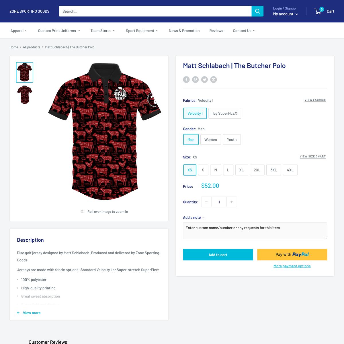 ZONE SPORTING GOODS Shopify store product customization example — apparel with active and apparel