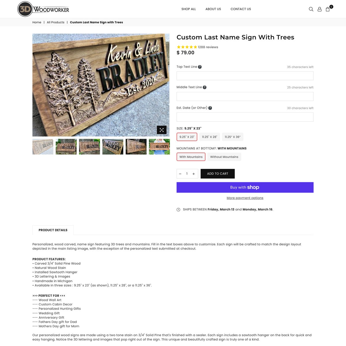 3D Woodworker Shopify store product customization example — gifts & occasions with gifts and live preview