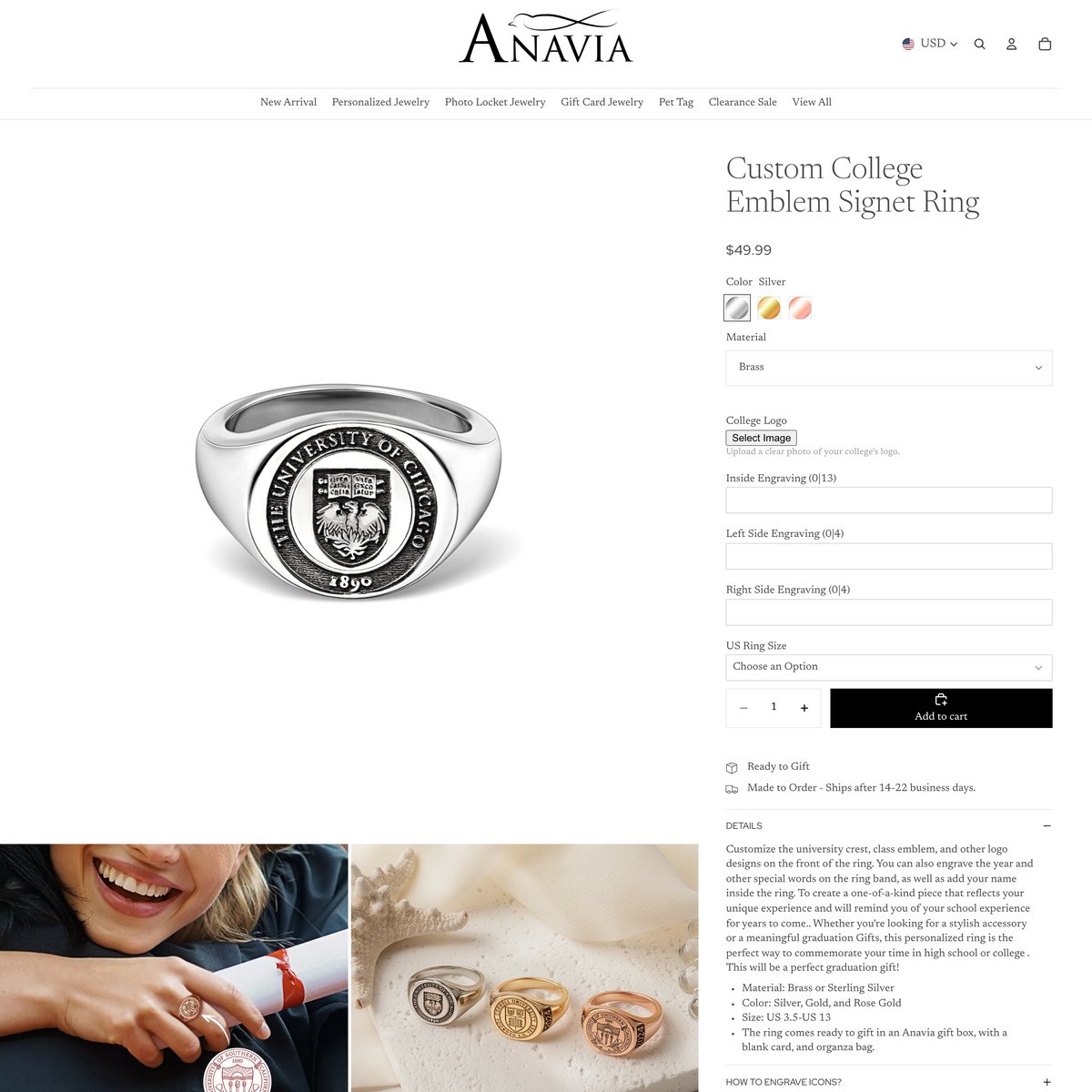 Anavia Jewelry & Gift Shopify store product customization example — jewelry with accessories and engraving