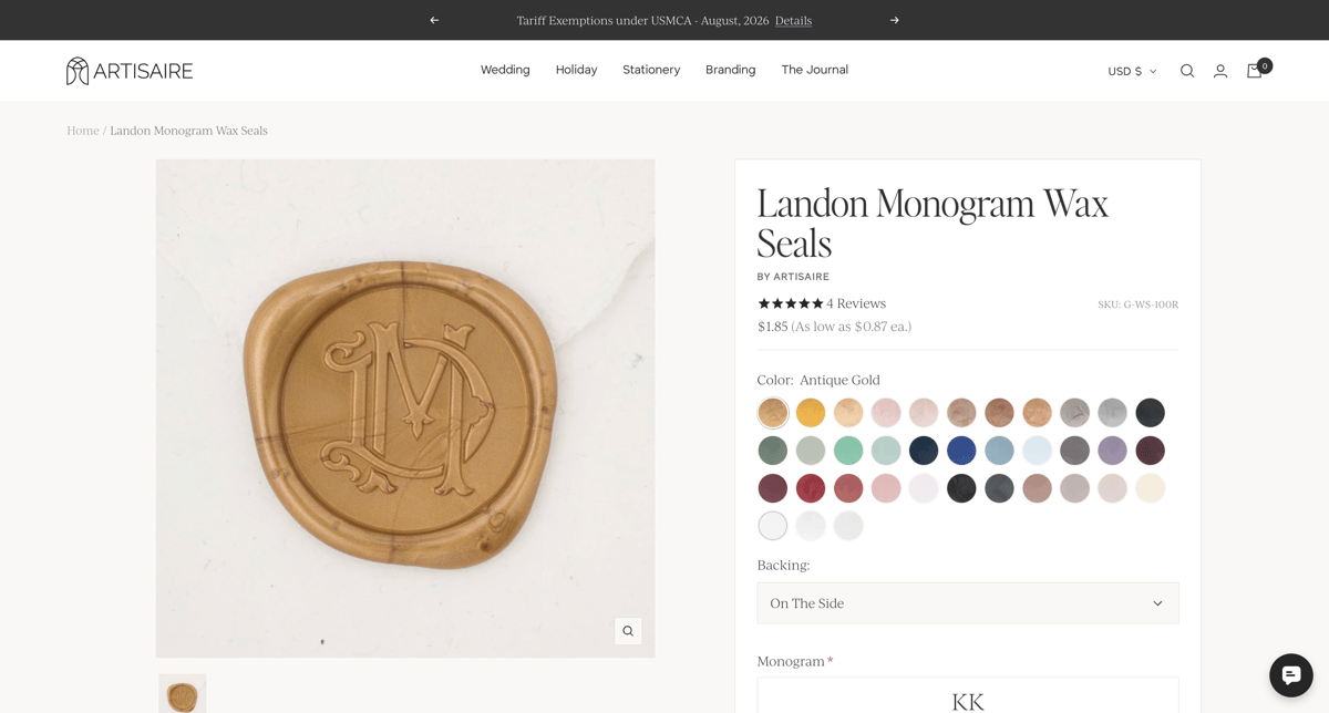 Artisaire Shopify store product customization example — gifts & occasions with personalized and monogram
