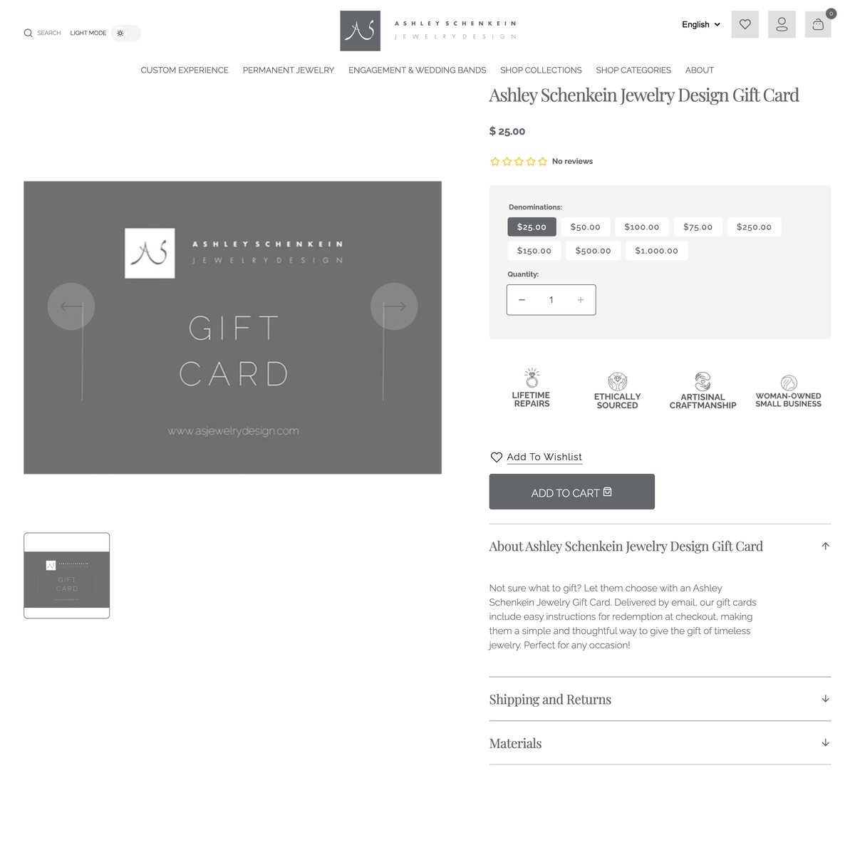 Ashley Schenkein Jewelry Design Shopify store product customization example — gifts & occasions with accessories and jewelry