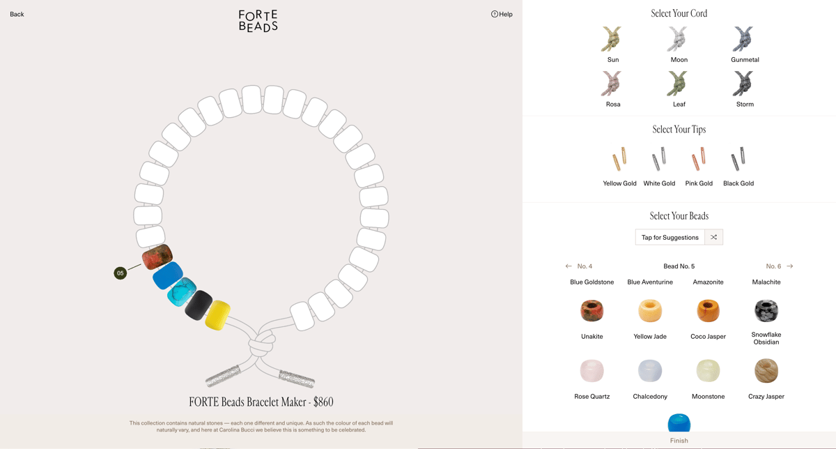 Carolina Bucci Shopify store product customization example — jewelry with custom built and live preview