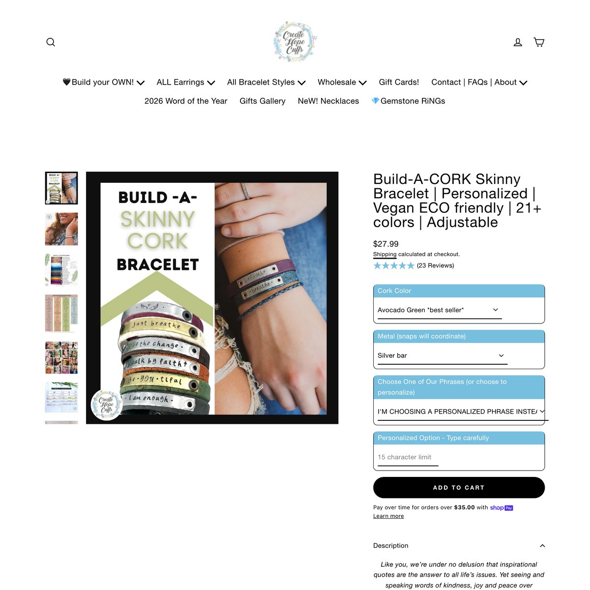 Create Hope Cuffs Shopify store product customization example — jewelry with accessories and jewelry
