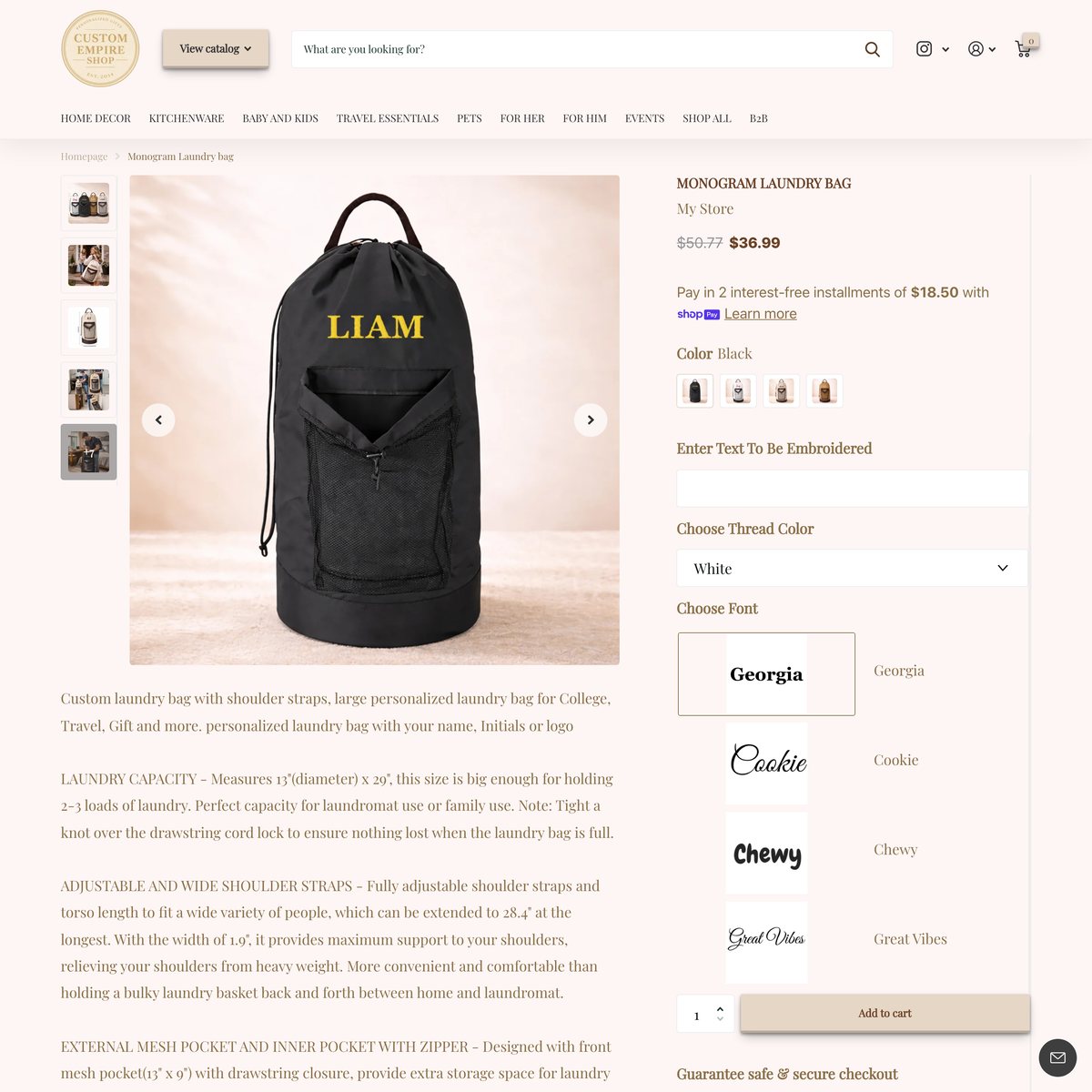 Custom Empire Shopify store product customization example — home decor with apparel and clothing