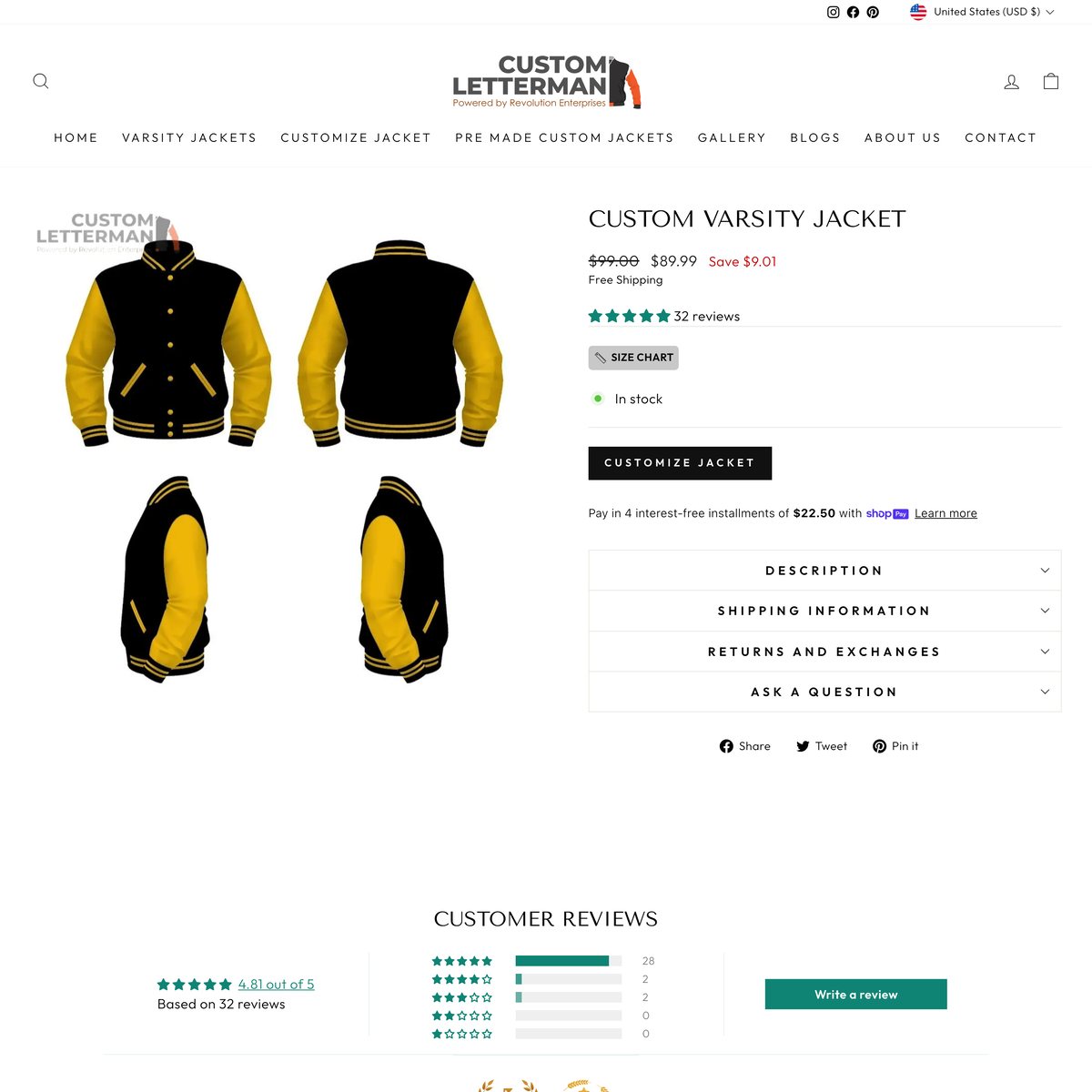 Custom Letterman Shopify store product customization example — apparel with apparel and clothing