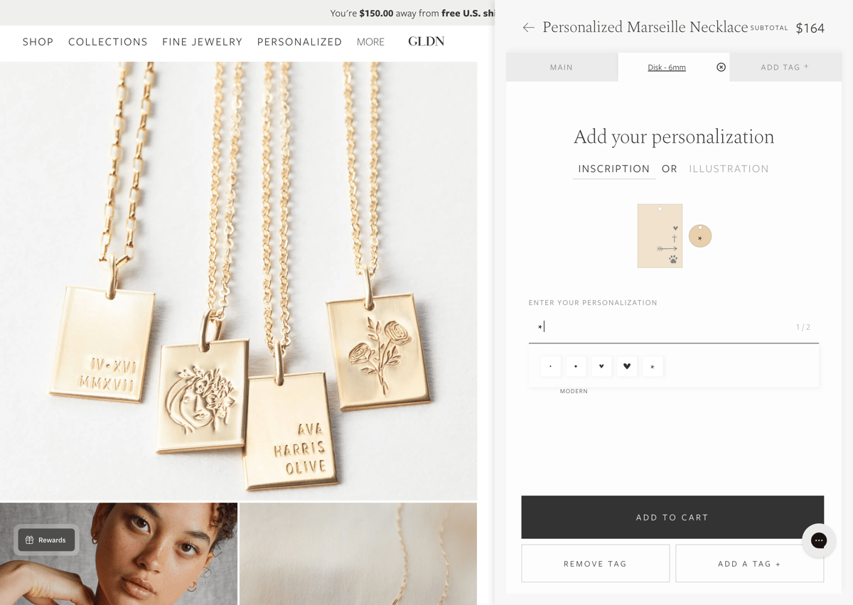 GLDN Shopify store product customization example — jewelry with personalized and custom built