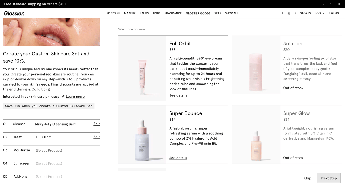 Glossier Shopify store product customization example — gifts & occasions with custom built and material choice