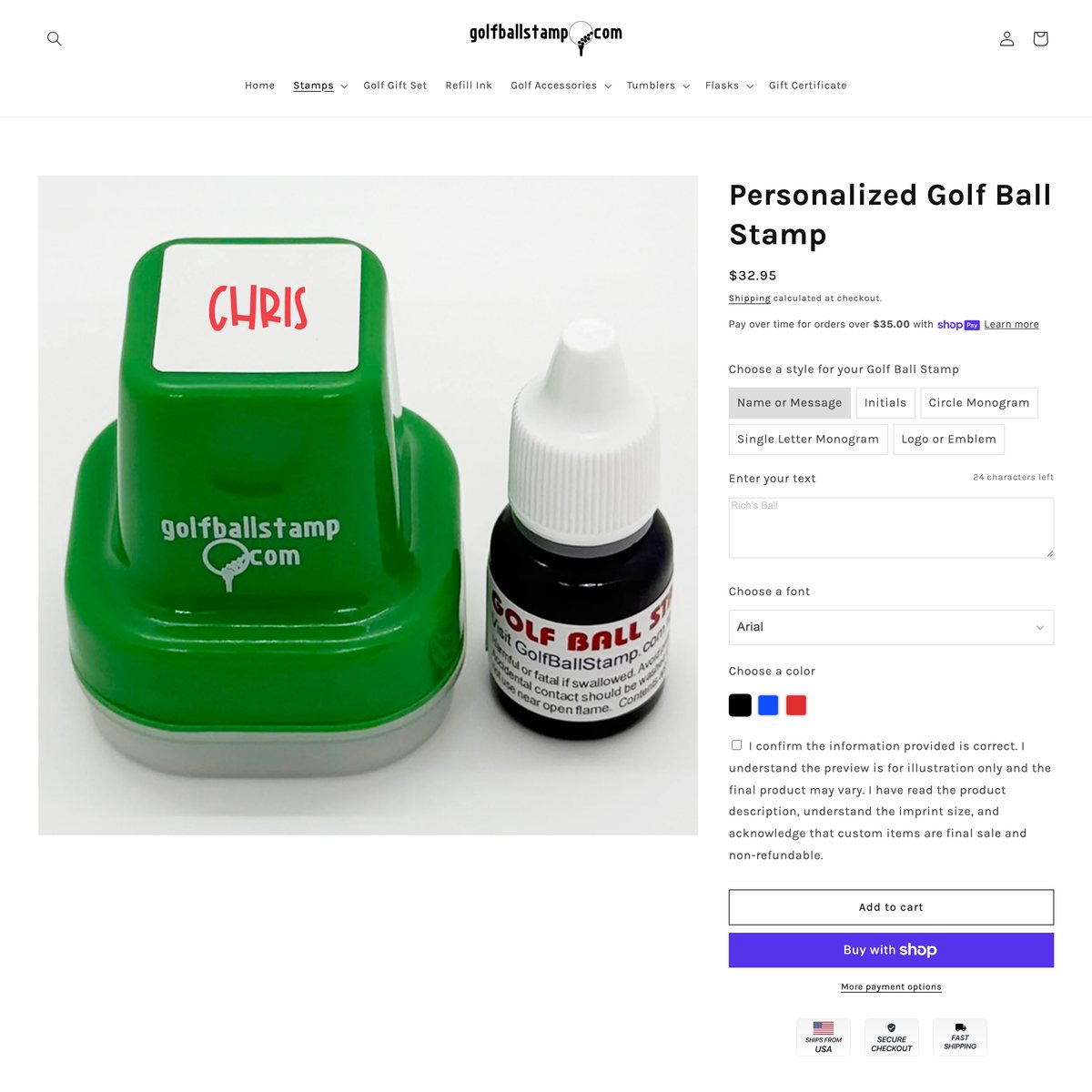 GolfBallStamp Shopify store product customization example — sports & outdoors with active and color custom