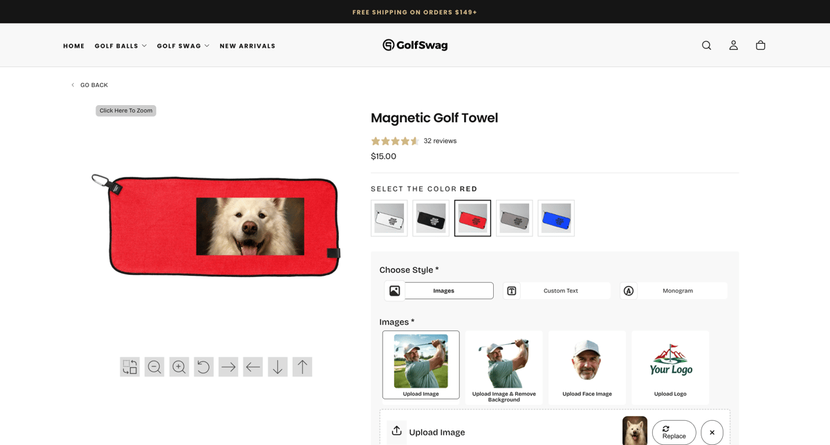 GolfSwag Shopify store product customization example — sports & outdoors with personalized and custom print
