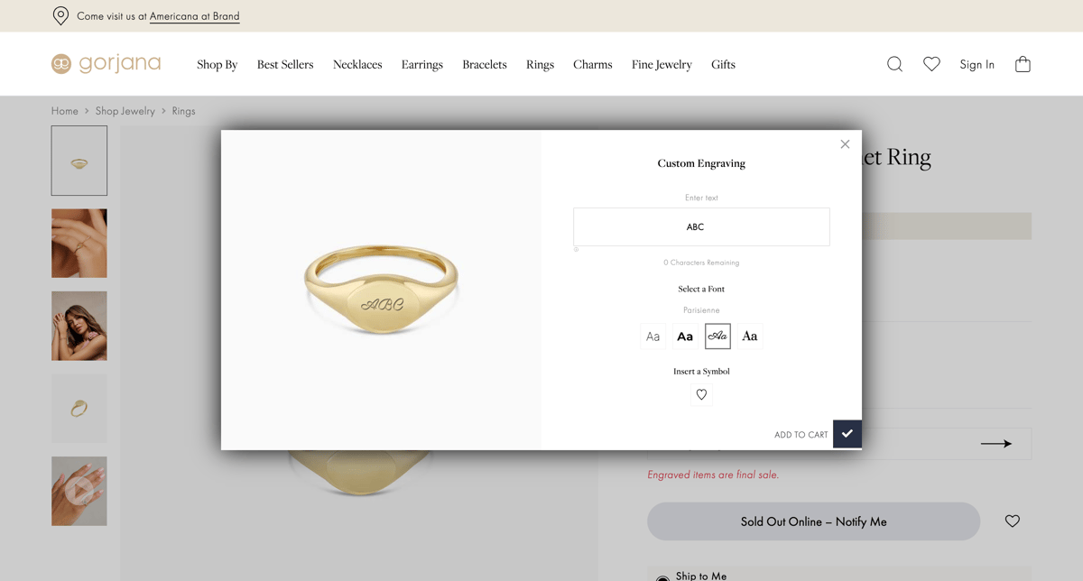 Gorjana Shopify store product customization example — jewelry with personalized and engraving