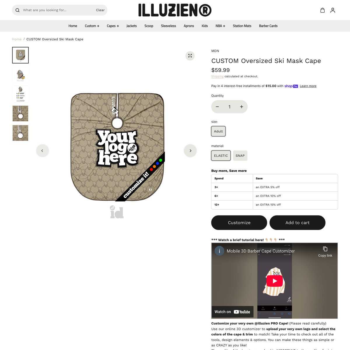 Illuzien Shopify store product customization example — apparel with accessories and custom print