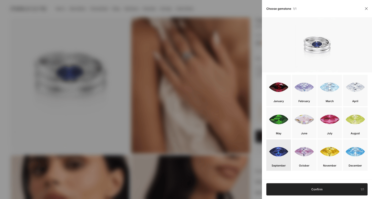 Indigo Lune Shopify store product customization example — jewelry with personalized and birthstone selector