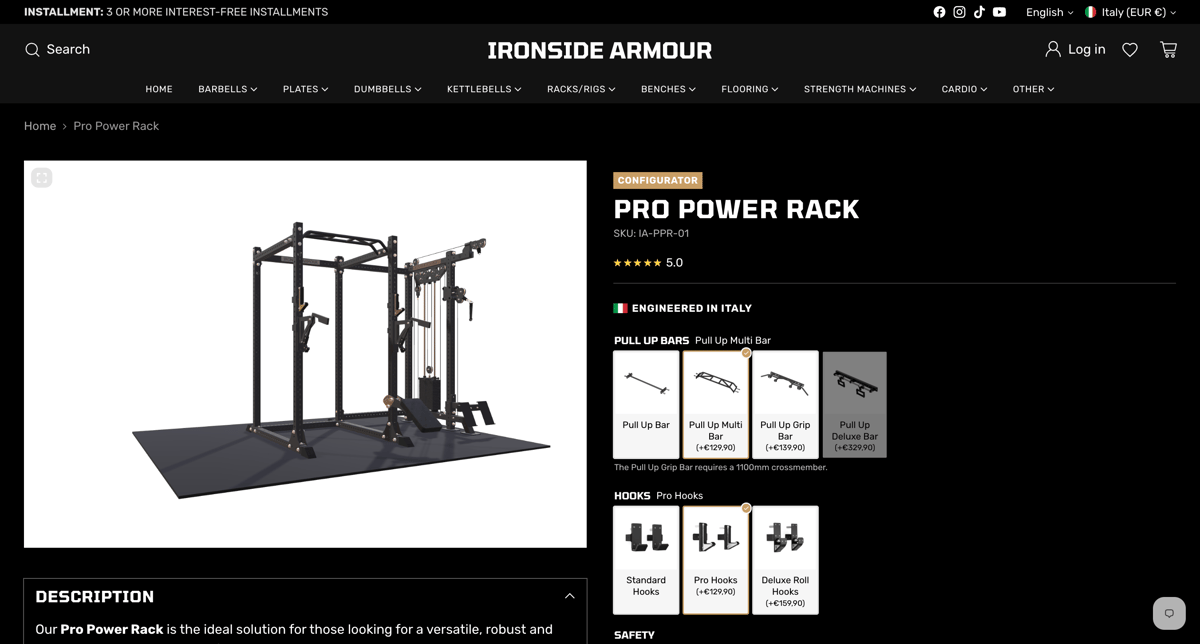 Ironside Armour Shopify store product customization example — sports & outdoors with custom built and 3d