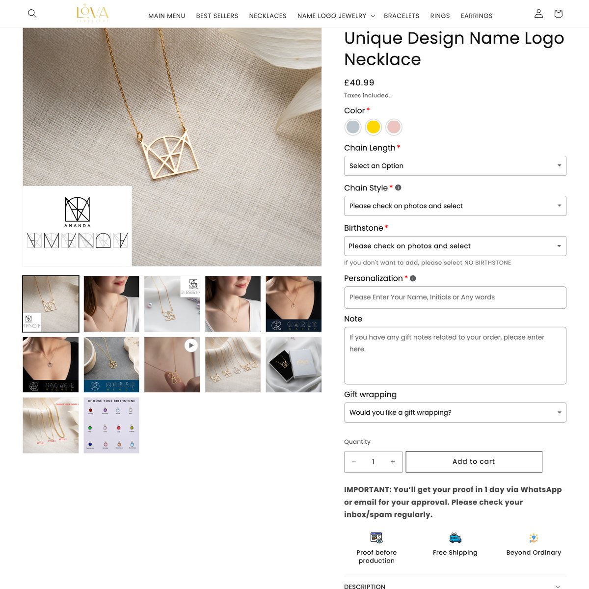 Lova Jewellery Shopify store product customization example — jewelry with jewelry and personalized