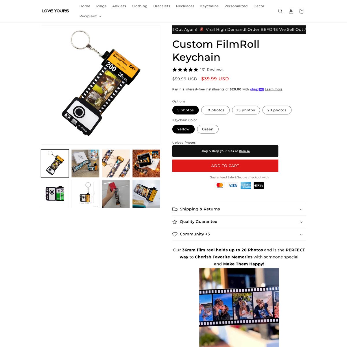 LoveYours Jewelry Shopify store product customization example — jewelry with accessories and custom print