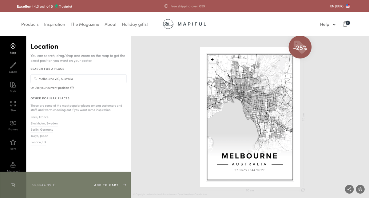 Mapiful store product customization example — home decor with personalized and live preview