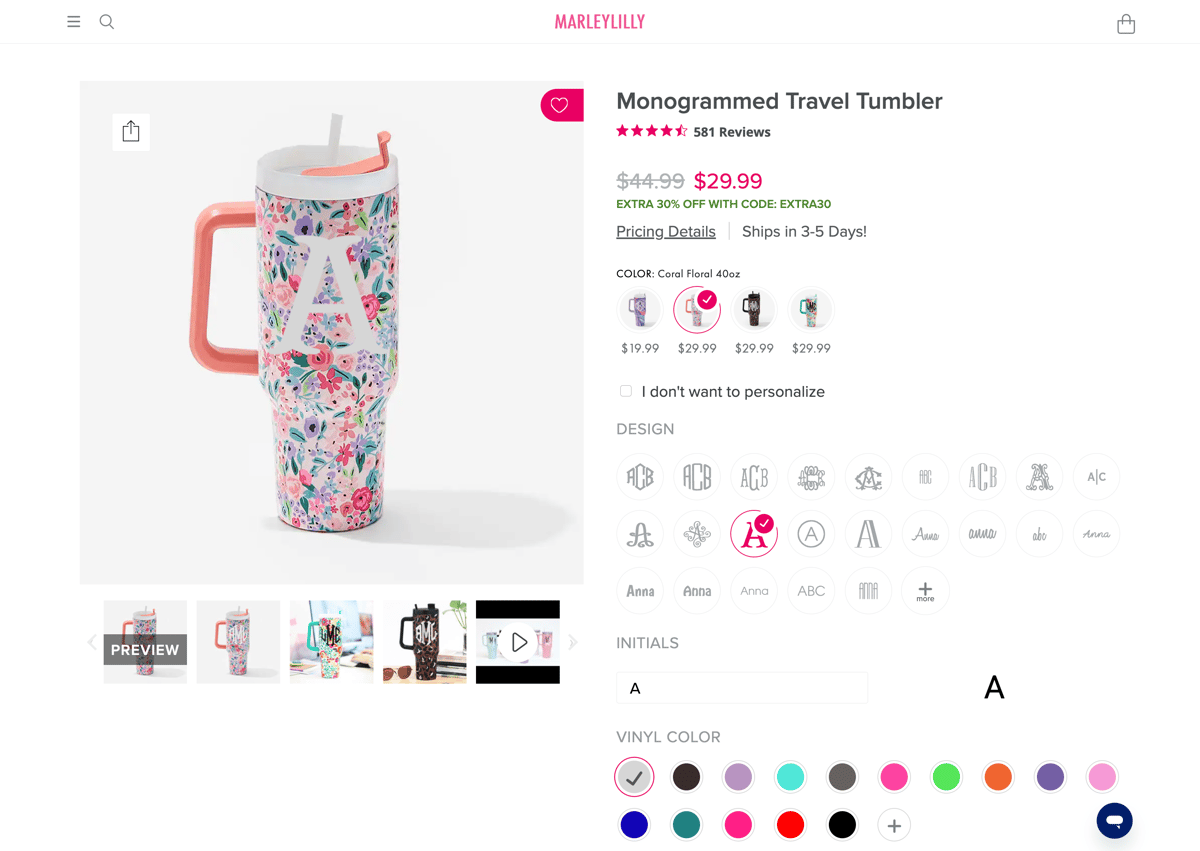 Marleylilly store product customization example — gifts & occasions with personalized and monogram