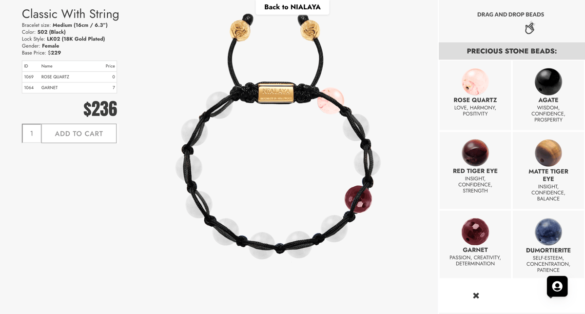 Nialaya Shopify store product customization example — jewelry with custom built and live preview