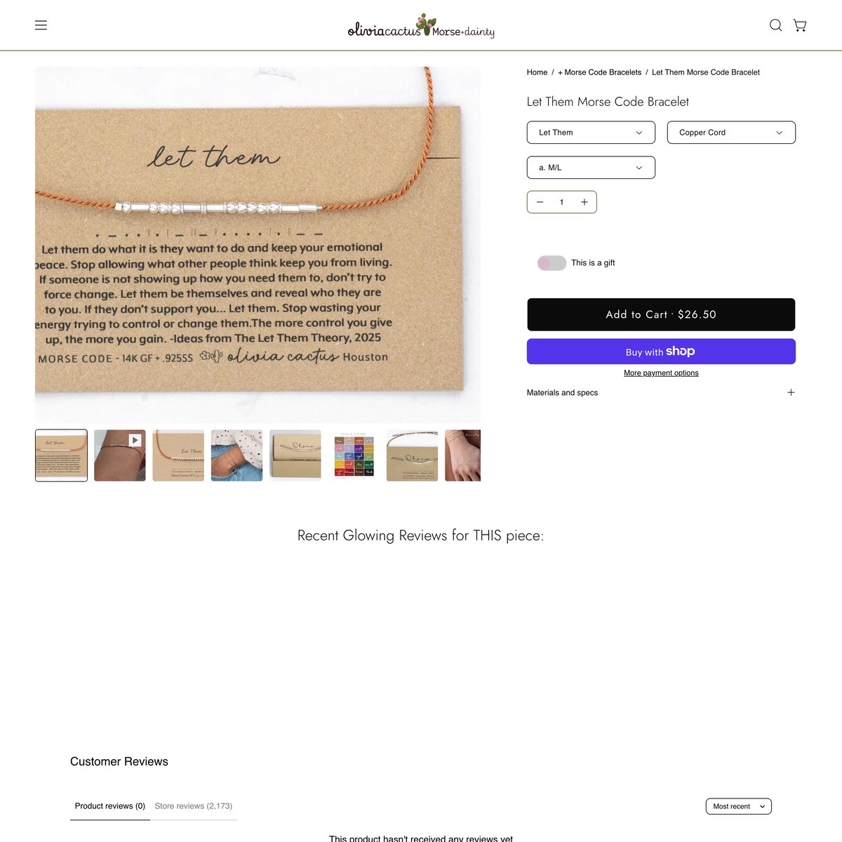 Olivia Cactus Morse and Dainty Jewelry Shopify store product customization example — jewelry with accessories and color custom